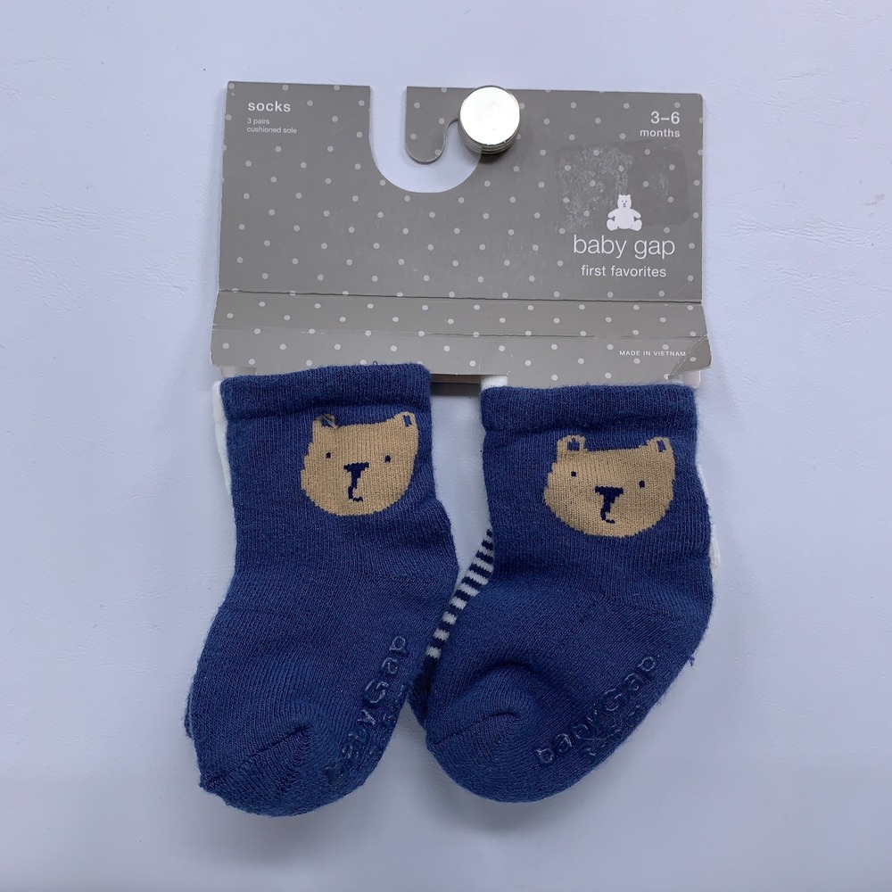 Baby Gap Baby 3-6 Months Blue Bear Striped Cushioned 3PK Socks NWT